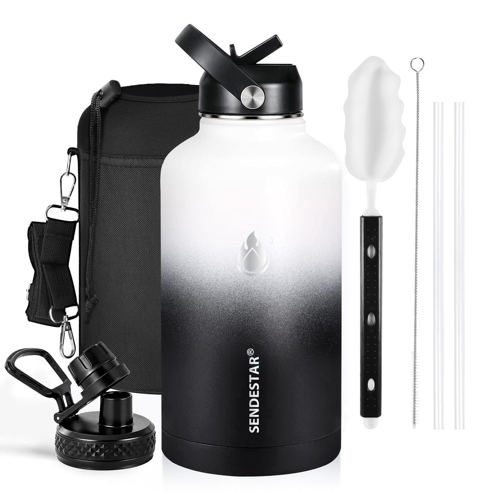 SENDESTAR Water Bottle 32oz Double Wall Vacuum Insulated Leak Proof Stainless Steel Sports Water Bottle—Wide Mouth with New Flex Straw Lid & Spout Lid (Deep Blue&Black)