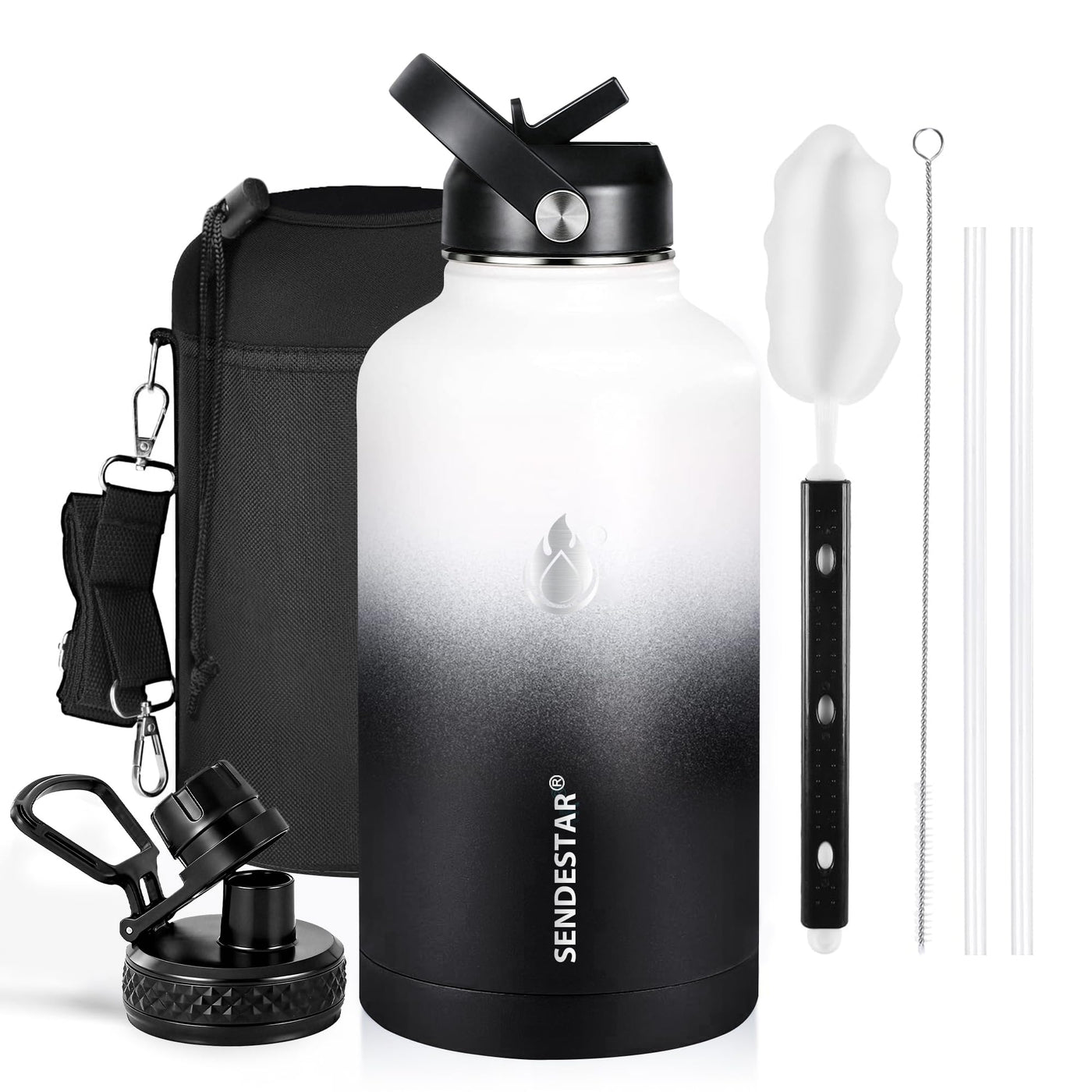 SENDESTAR Water Bottle 32oz Double Wall Vacuum Insulated Leak Proof Stainless Steel Sports Water Bottle—Wide Mouth with New Flex Straw Lid & Spout Lid (Deep Blue&Black)