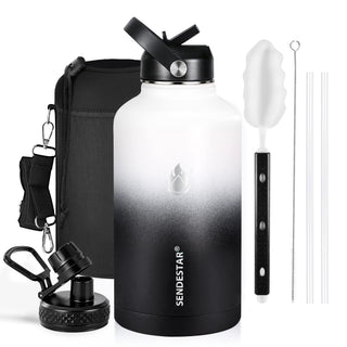 SENDESTAR Water Bottle 32oz Double Wall Vacuum Insulated Leak Proof Stainless Steel Sports Water Bottle—Wide Mouth with New Flex Straw Lid & Spout Lid (Deep Blue&Black)