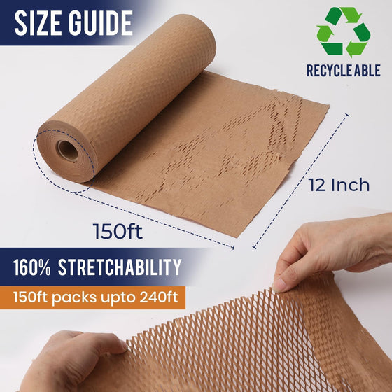 Honeycomb Packing Paper 12" x 150ft with Rope & 20 Fragile Stickers|Shipping & Moving Supplies|Small Business Packaging Supplies|Eco Friendly Bubble Wrap Packing Boxes for Moving Certified FSC C204227 - hover image