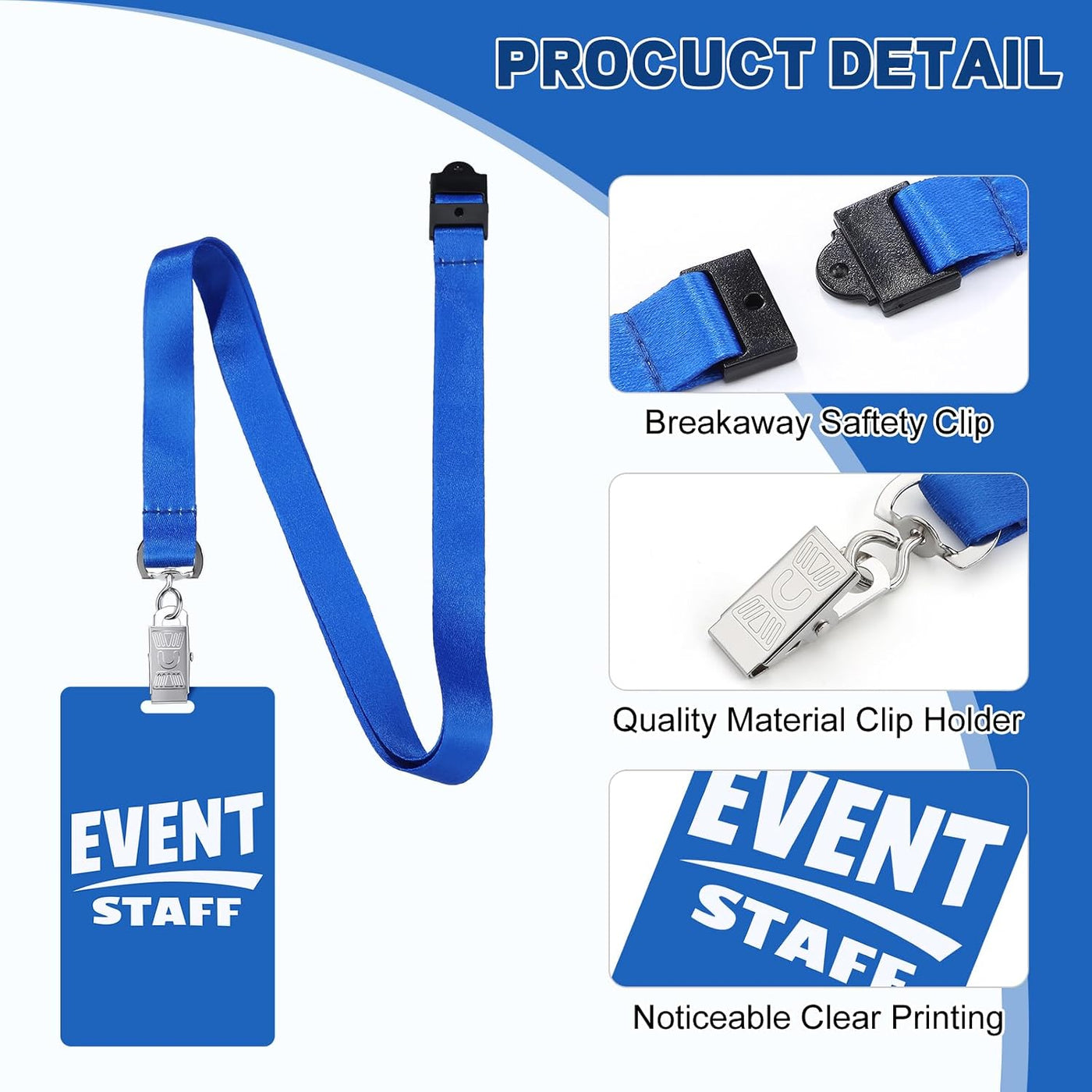 Qilery 50 Sets Event Staff Lanyards with PVC Pass Card Blue Event Staff Breakaway Lanyard Volunteer ID Badges with Metal Swivel Hook for Sporting Concert Party Organizer Conference Office Supplies