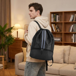Sports Drawstring Backpack with Shoes Compartment, String Gym Bag with Wet Proof Pocket for Basketball, Soccer, Swim, Black Sport Bag for Men and Women
