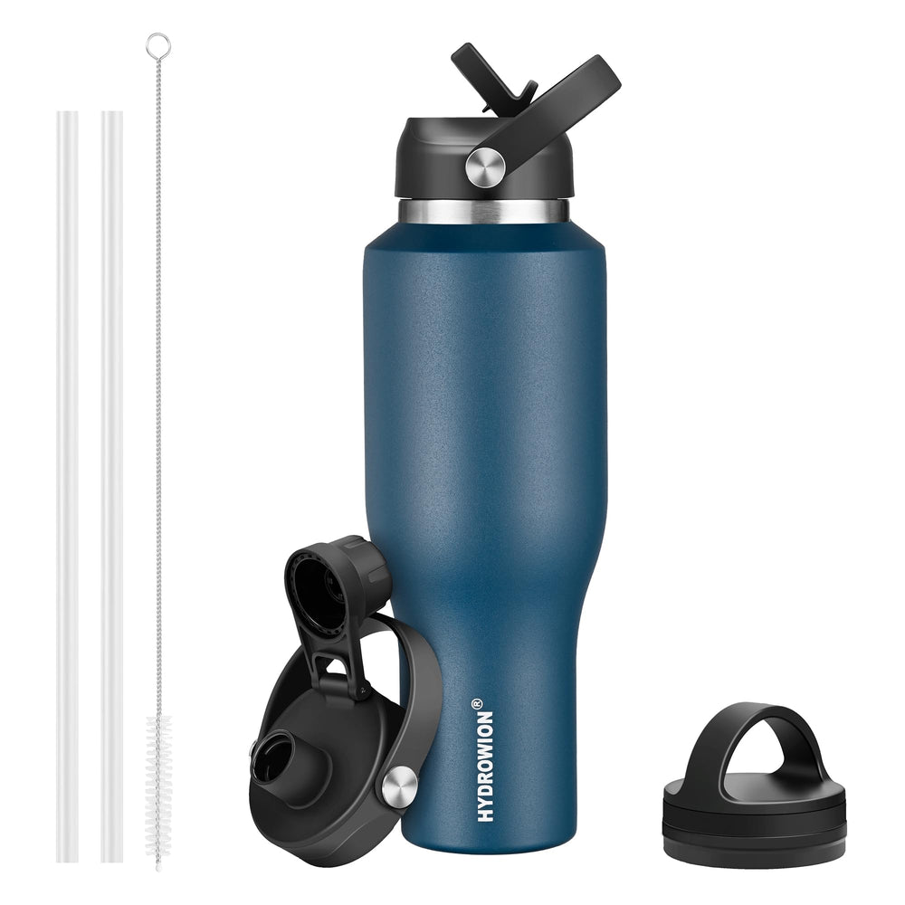 HYDROWION 32oz Stainless Steel Water Bottle(Cold for 48 Hrs, Hot for 24 Hrs), Double Wall Vacuum Insulated Water Flask with Straw Lid, Spout Lid and Flex Cap, Fit in Any Car Cup Holder, Cobalt