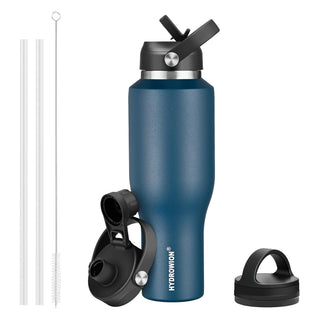HYDROWION 32oz Stainless Steel Water Bottle(Cold for 48 Hrs, Hot for 24 Hrs), Double Wall Vacuum Insulated Water Flask with Straw Lid, Spout Lid and Flex Cap, Fit in Any Car Cup Holder, Cobalt
