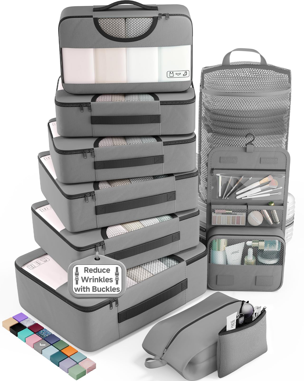 Veken 10 Set/8 Set Packing Cubes for Travel Essentials,Anti-Wrinkle Buckled Suitcase Organizer for Shoe & Toiletry Bag,Carry On Luggage Bag for Airplane & College Dorm Room Accessories,Women Men Gifts
