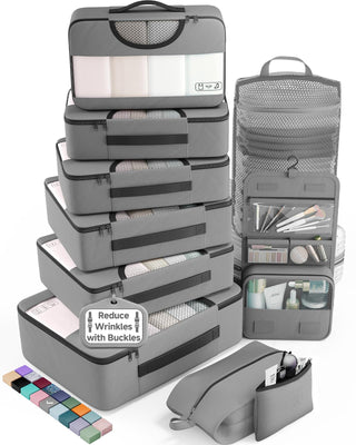 Veken 10 Set/8 Set Packing Cubes for Travel Essentials,Anti-Wrinkle Buckled Suitcase Organizer for Shoe & Toiletry Bag,Carry On Luggage Bag for Airplane & College Dorm Room Accessories,Women Men Gifts