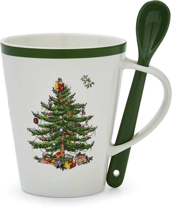 Spode Christmas Tree Mug & Spoon Set, 14 Oz Porcelain Mug for Coffee, Tea, Milk, Hot Cocoa - Festive Gift Box - Dishwasher & Microwave Safe - Holiday Collection Design for Gifting (Christmas Tree)
