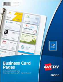 Avery Clear Business Card Organizer Pages for 3 Ring Binders, Pack of 10, Holds 200 Cards Total (76009)