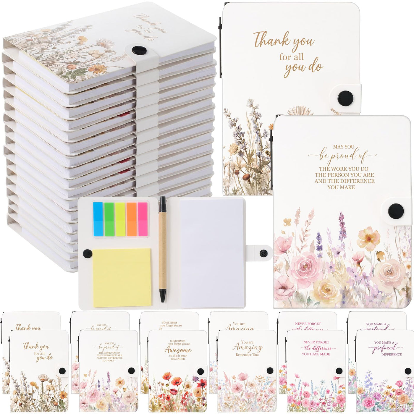 Resurhang 36 Pack Appreciation Gifts Bulk Inspirational Spiral Notebook with Sticky Note Pen, Note Pads Motivational Journals Thank You Gifts for Employee Volunteer Teacher Nurse Team (Pattern)