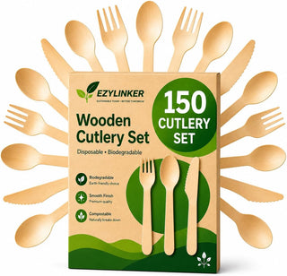 100% Compostable Cutlery Set - 150 Pieces Wooden Compostable Utensils [50 Forks, Knives, Spoons] - Disposable Wooden Cutlery, Eco Friendly Forks & Spoons Set Party Utensils