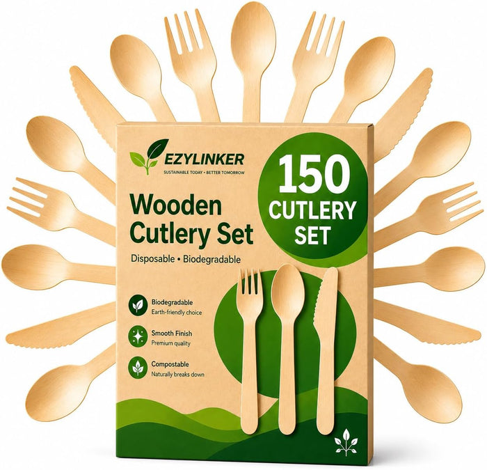 100% Compostable Cutlery Set - 150 Pieces Wooden Compostable Utensils [50 Forks, Knives, Spoons] - Disposable Wooden Cutlery, Eco Friendly Forks & Spoons Set Party Utensils