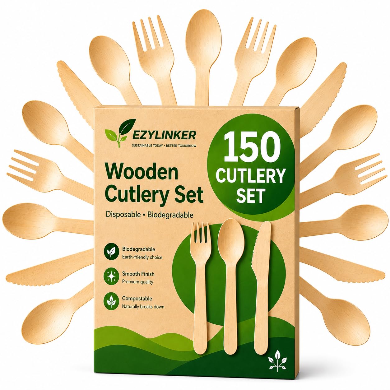 100% Compostable Cutlery Set - 150 Pieces Wooden Compostable Utensils [50 Forks, Knives, Spoons] - Disposable Wooden Cutlery, Eco Friendly Forks & Spoons Set Party Utensils