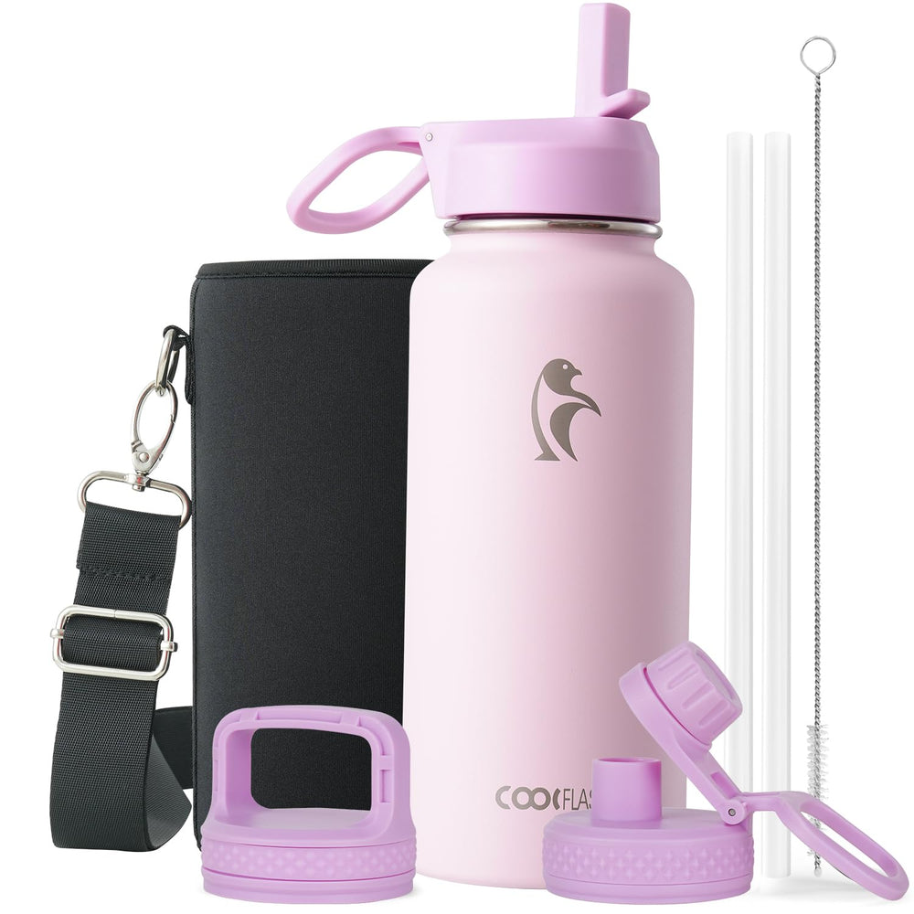 Water Bottle 40 oz Insulated with Straw&Brush, Coolflask Vaccum Stainless Steel Metal 3 Lids Water Flask for Sports, Gym or Office, Keep Cold 48H Hot 24H, Magic Black