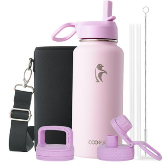 Water Bottle 40 oz Insulated with Straw&Brush, Coolflask Vaccum Stainless Steel Metal 3 Lids Water Flask for Sports, Gym or Office, Keep Cold 48H Hot 24H, Magic Black