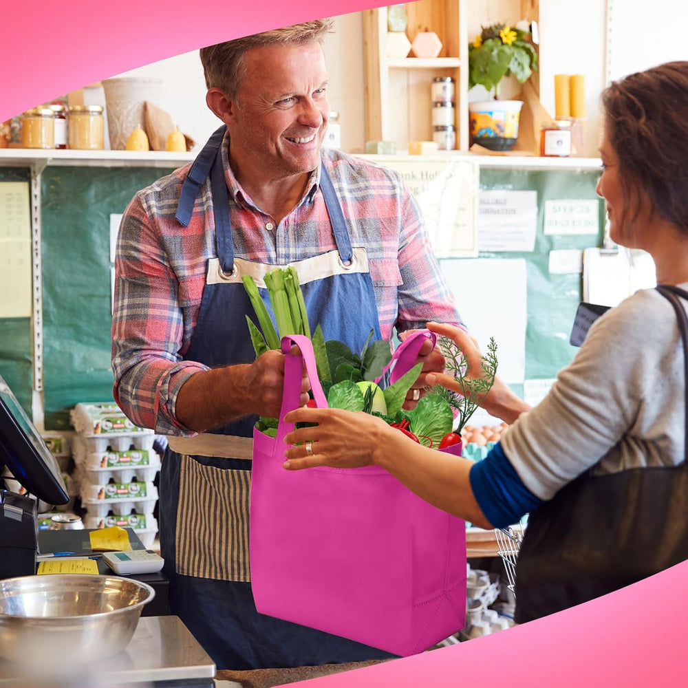 Reginary 100 PCS Reusable Totes Bags - Non Woven Grocery Handle Bags for Shop Events & Retail Store(Rose Pink)