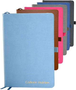 Promot Ruled Journal Notebook - Custom Embossed Text with Gold Metallic Foil - A5 Sky Blue 192 Lined Pages 8.2 x 5.5 Inch, 100 GSM, Pen Loop, Inner Pocket, Elastic Band, PU Leather Hardcover