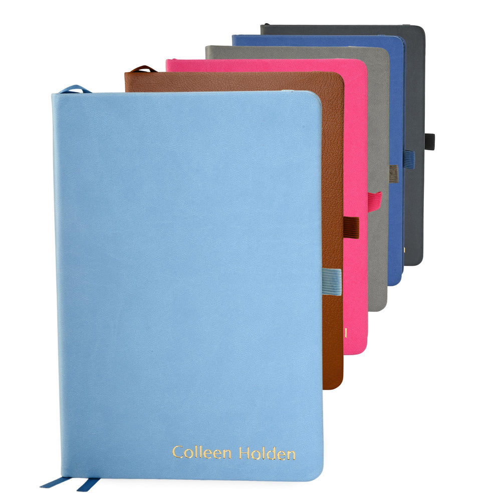 Promot Ruled Journal Notebook - Custom Embossed Text with Gold Metallic Foil - A5 Sky Blue 192 Lined Pages 8.2 x 5.5 Inch, 100 GSM, Pen Loop, Inner Pocket, Elastic Band, PU Leather Hardcover