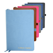 Promot Ruled Journal Notebook - Custom Embossed Text with Gold Metallic Foil - A5 Sky Blue 192 Lined Pages 8.2 x 5.5 Inch, 100 GSM, Pen Loop, Inner Pocket, Elastic Band, PU Leather Hardcover