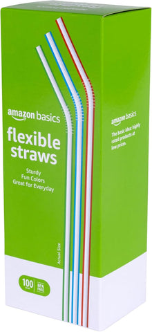 Amazon Basics Disposable Striped Plastic Flex Straws, BPA Free, Food-Safe, 7.5" Long, Assorted Colors, 100 Count