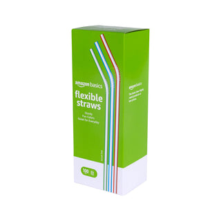 Amazon Basics Disposable Striped Plastic Flex Straws, BPA Free, Food-Safe, 7.5" Long, Assorted Colors, 100 Count