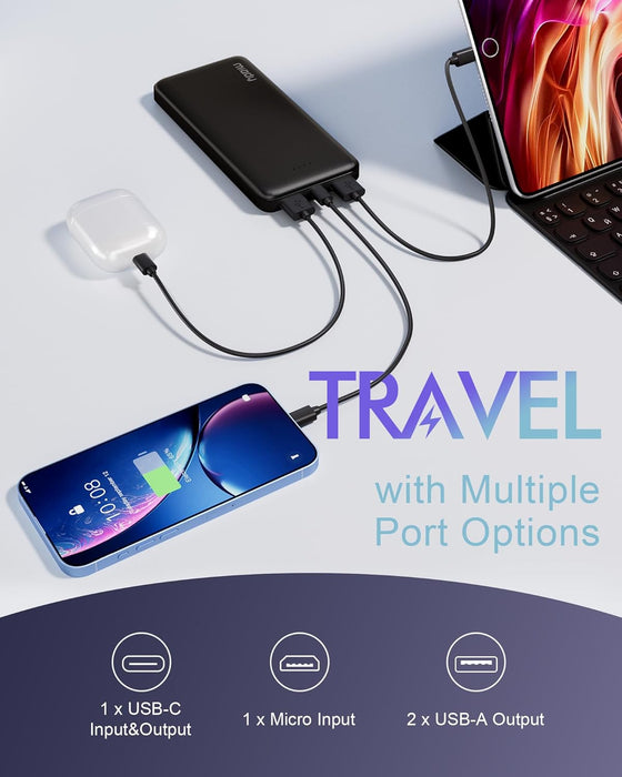 Miady 2-Pack Portable Charger, Slim 10000mAh Power Bank Travel Battery Pack 3 Outputs 2 Inputs Compatible with iPhone 17/16/15/14/13 Galaxy S24/22 iPad Android etc (Black+White) - hover image