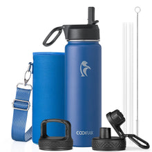 Water Bottle 40 oz Insulated with Straw&Brush, Coolflask Vaccum Stainless Steel Metal 3 Lids Water Flask for Sports, Gym or Office, Keep Cold 48H Hot 24H, Magic Black