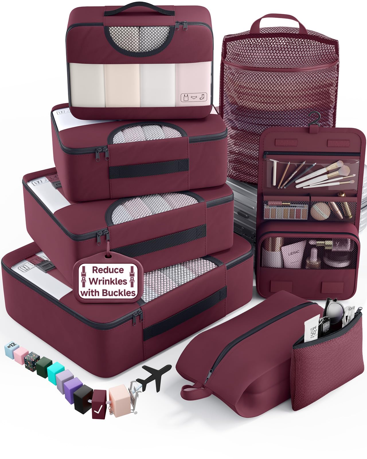 Veken 10 Set/8 Set Packing Cubes for Travel Essentials,Anti-Wrinkle Buckled Suitcase Organizer for Shoe & Toiletry Bag,Carry On Luggage Bag for Airplane & College Dorm Room Accessories,Women Men Gifts