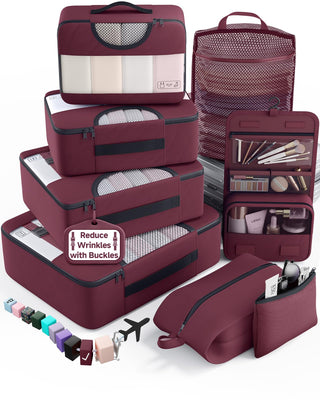 Veken 10 Set/8 Set Packing Cubes for Travel Essentials,Anti-Wrinkle Buckled Suitcase Organizer for Shoe & Toiletry Bag,Carry On Luggage Bag for Airplane & College Dorm Room Accessories,Women Men Gifts