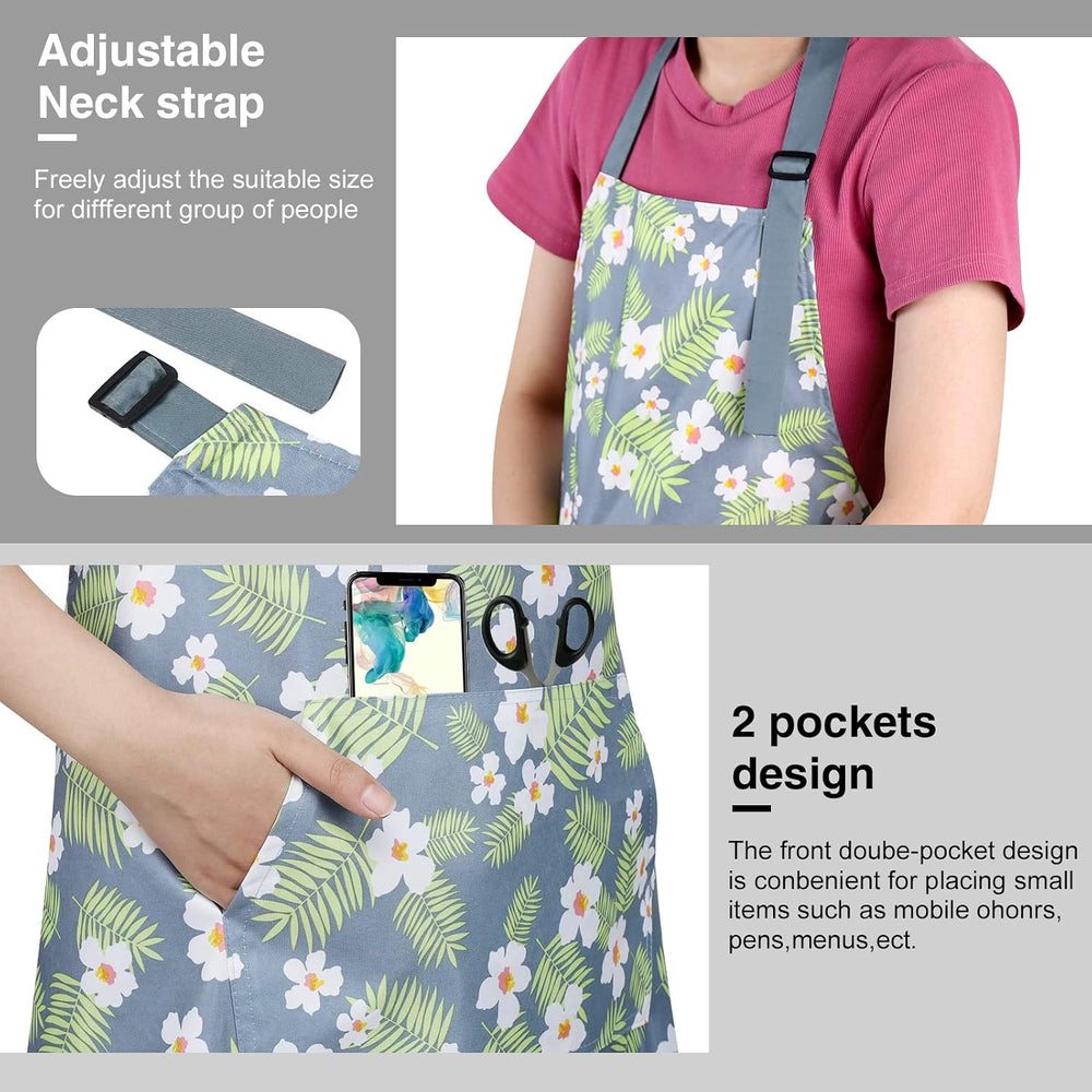 BOUMUSOE 3 Pack Floral Aprons with Pocket, Blooming Womens Aprons Waterproof Adjustable Cooking Apron for Kitchen Gardening