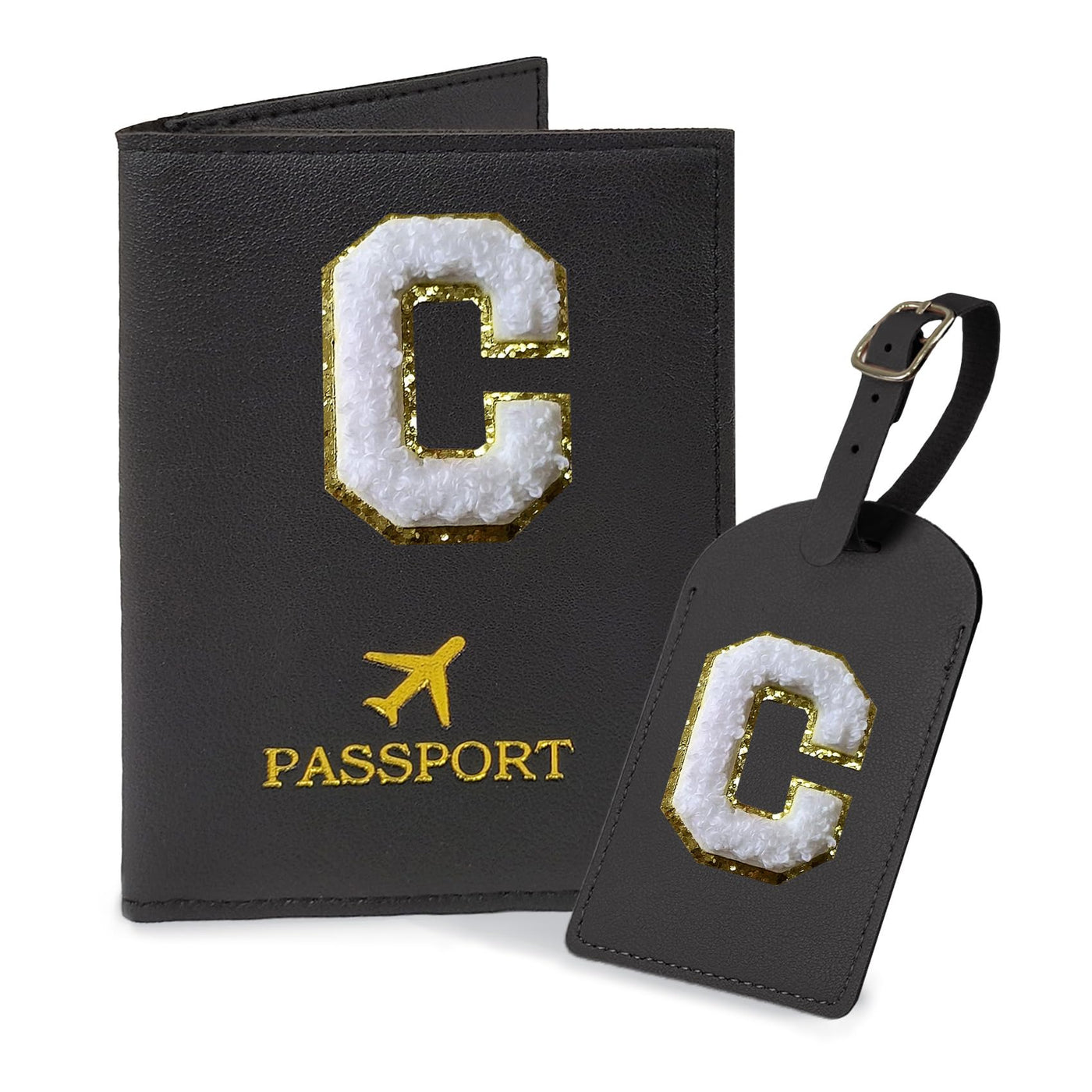 COSHAYSOO Purple Passport Cover Holder and Initial Luggage Tag Set TSA Approved with Personalized Monogram Chenille Letter Patch for Women Teen Girls, Cute Travel Bag Suitcase Identifier (A)