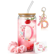 Personalized Initial Glass Cup Gift Set for Women, Custom Monogram Cup with Lid and Straw, Matching Keychain & Card, Bridesmaid or Birthday Gift for Women Friend Sister (Letter S)