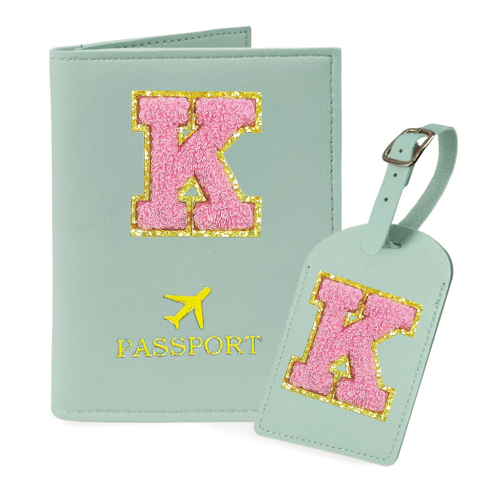 COSHAYSOO Purple Passport Cover Holder and Initial Luggage Tag Set TSA Approved with Personalized Monogram Chenille Letter Patch for Women Teen Girls, Cute Travel Bag Suitcase Identifier (A)