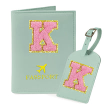 COSHAYSOO Purple Passport Cover Holder and Initial Luggage Tag Set TSA Approved with Personalized Monogram Chenille Letter Patch for Women Teen Girls, Cute Travel Bag Suitcase Identifier (A)