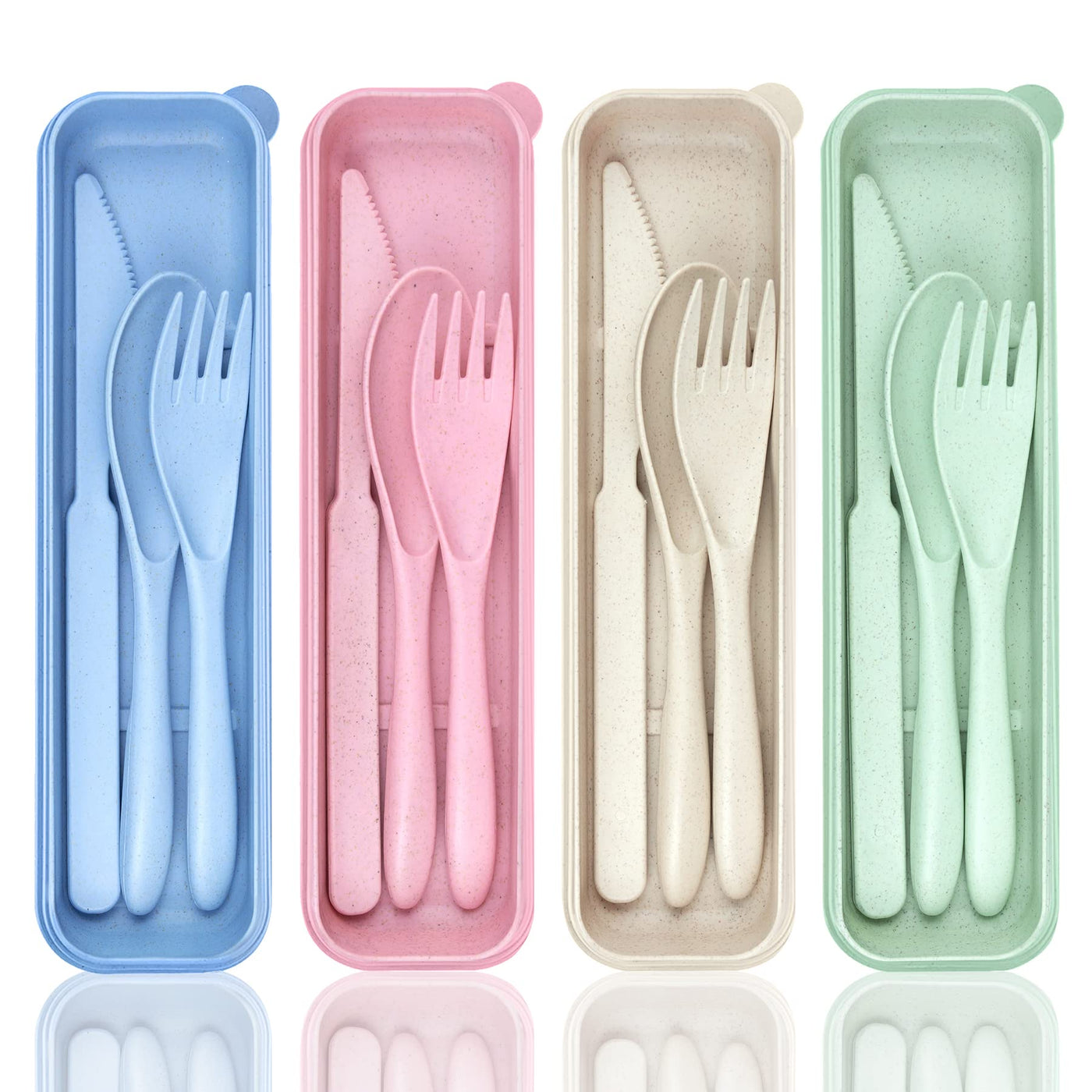 DISSKNIC Reusable Travel Utensils with Case, 4 Sets Wheat Straw Portable Cutlery Set Chopsticks Knives Fork and Spoon for Lunch Box Accessories, Camping Flatware Sets for Daily Use or Outdoor