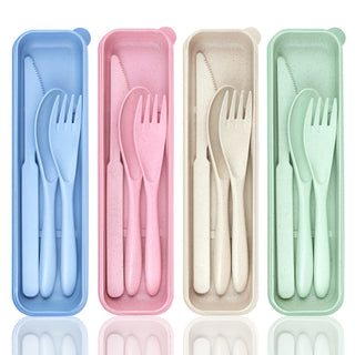DISSKNIC Reusable Travel Utensils with Case, 4 Sets Wheat Straw Portable Cutlery Set Chopsticks Knives Fork and Spoon for Lunch Box Accessories, Camping Flatware Sets for Daily Use or Outdoor