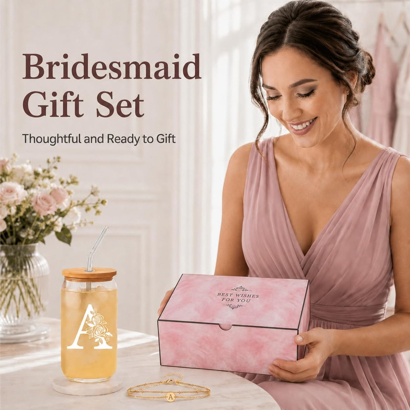 Bridesmaid Gifts for Women, Glass Cup and Bracelet Gift Set, Bridal Party Gift Box for Bridesmaid Thank You, Wedding Weekend, Bridal Shower or Proposal, Initial A