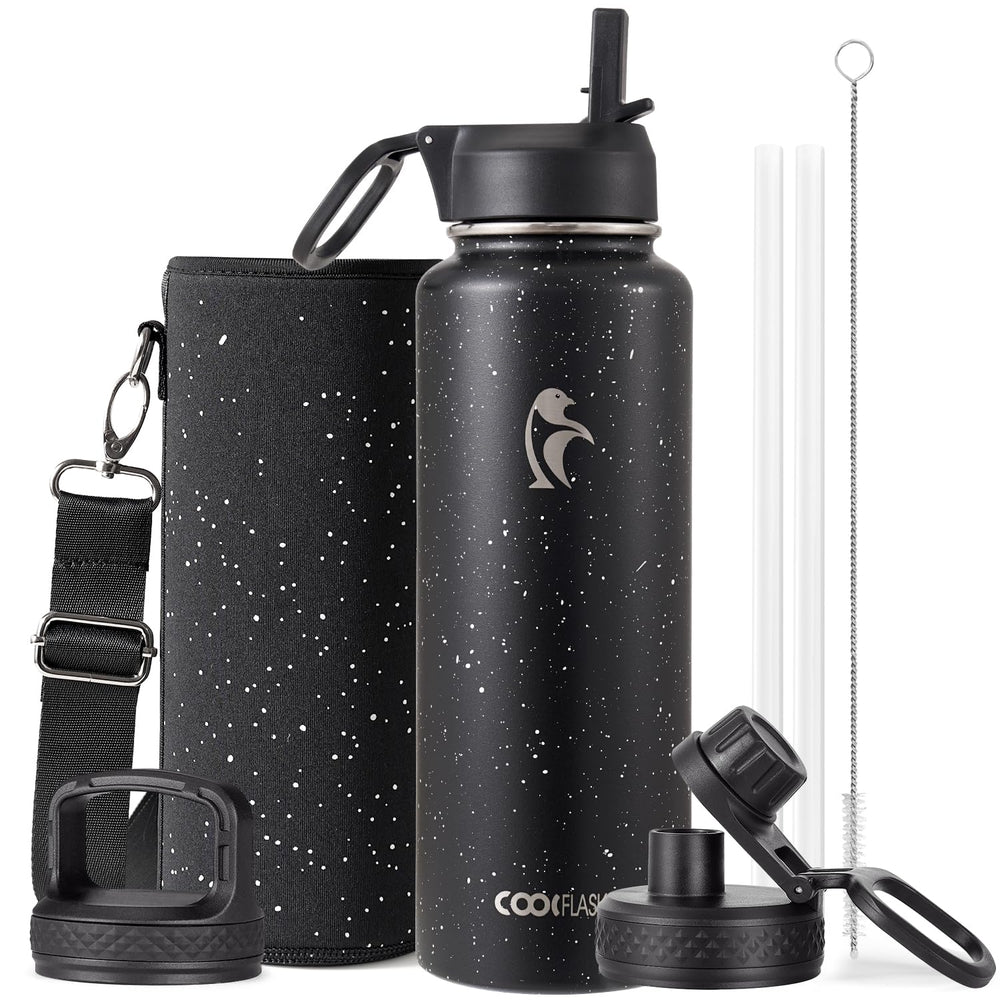 Water Bottle 40 oz Insulated with Straw&Brush, Coolflask Vaccum Stainless Steel Metal 3 Lids Water Flask for Sports, Gym or Office, Keep Cold 48H Hot 24H, Magic Black