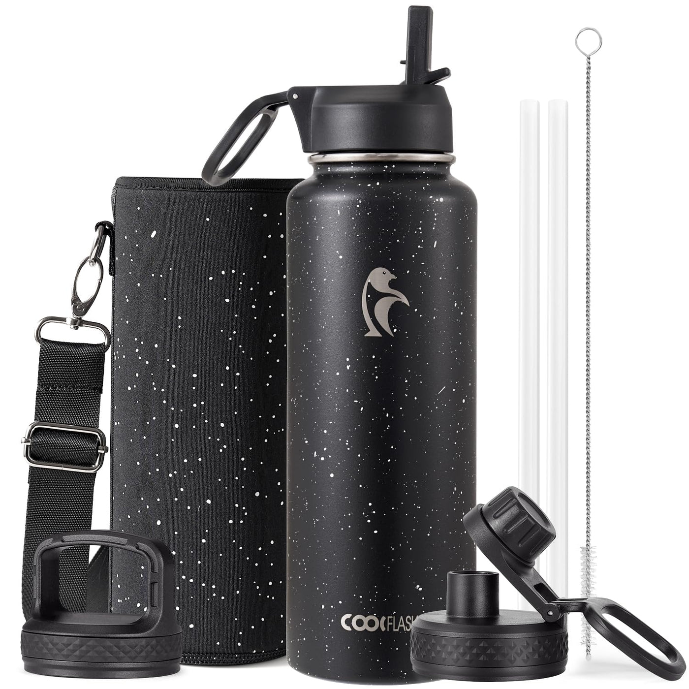 Water Bottle 40 oz Insulated with Straw&Brush, Coolflask Vaccum Stainless Steel Metal 3 Lids Water Flask for Sports, Gym or Office, Keep Cold 48H Hot 24H, Magic Black