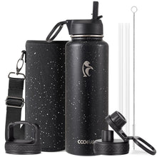 Water Bottle 40 oz Insulated with Straw&Brush, Coolflask Vaccum Stainless Steel Metal 3 Lids Water Flask for Sports, Gym or Office, Keep Cold 48H Hot 24H, Magic Black