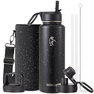 Water Bottle 40 oz Insulated with Straw&Brush, Coolflask Vaccum Stainless Steel Metal 3 Lids Water Flask for Sports, Gym or Office, Keep Cold 48H Hot 24H, Magic Black