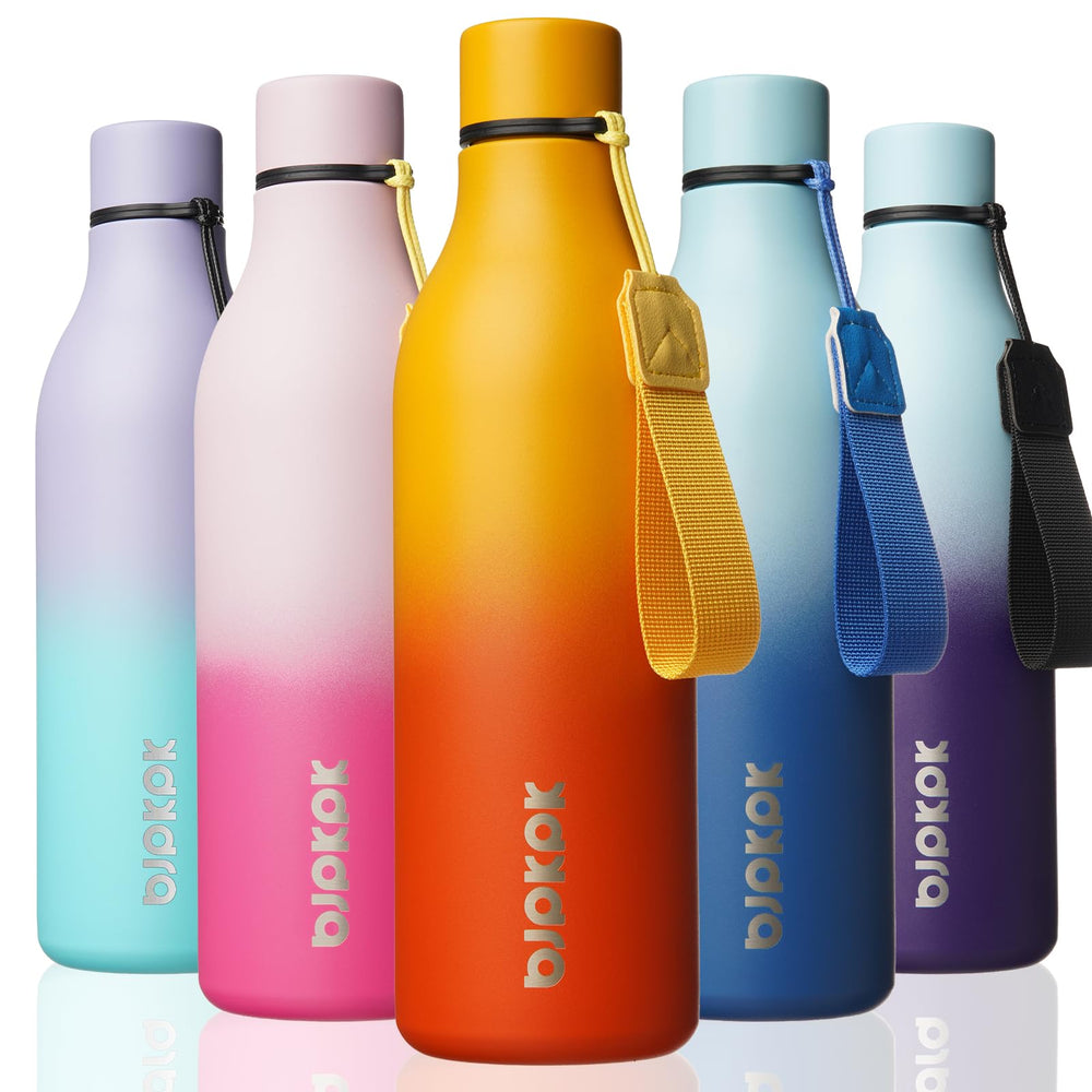 BJPKPK Insulated Water Bottles, 18 oz Stainless Steel Metal Water Bottle with Strap, BPA Free Leak Proof Jugs, Mugs, Flasks, Reusable Thermal Flasks for Sports & Travel, Orange