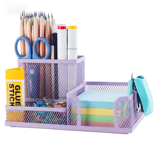 M&G Mesh Pen Holder Desk Organizers Pencil Holder for Desk Black, 3 Compartments Metal Office Supply Organizer with Sticky Notes Holder for School Home Office