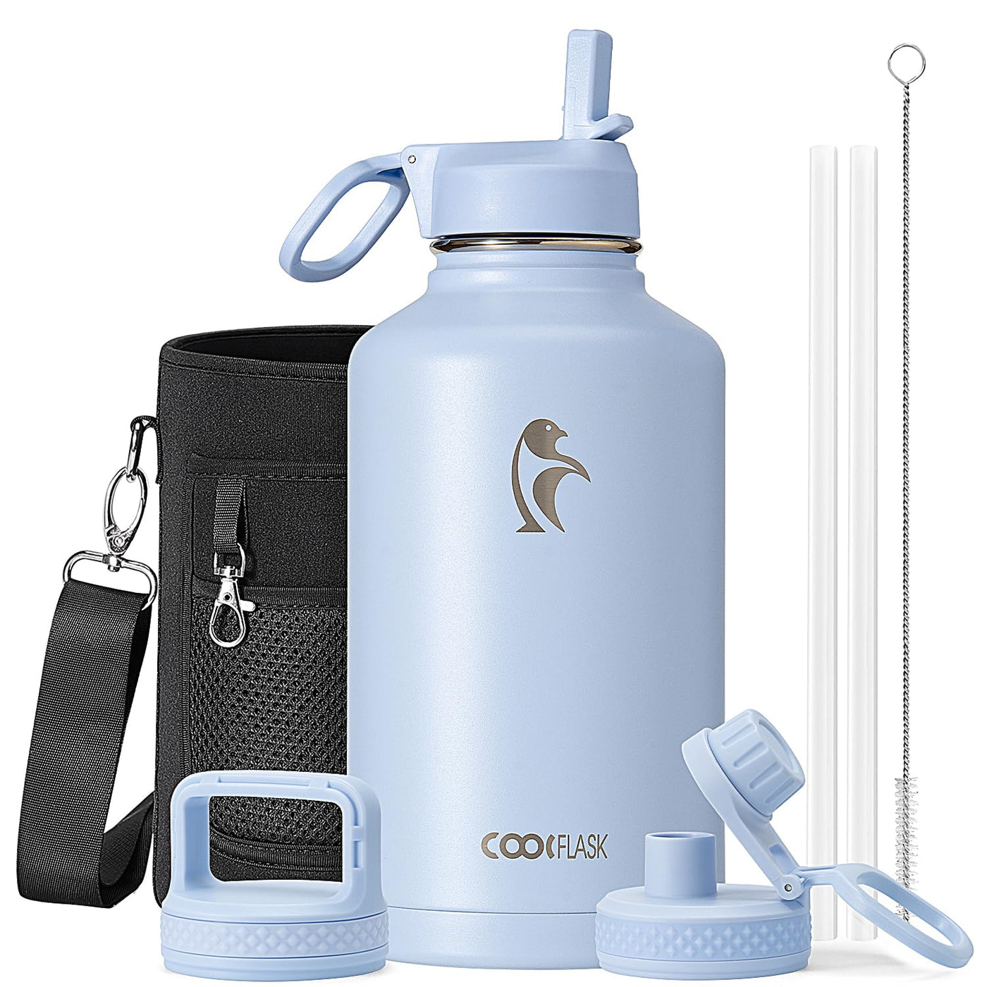 Water Bottle 40 oz Insulated with Straw&Brush, Coolflask Vaccum Stainless Steel Metal 3 Lids Water Flask for Sports, Gym or Office, Keep Cold 48H Hot 24H, Magic Black