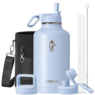 Water Bottle 40 oz Insulated with Straw&Brush, Coolflask Vaccum Stainless Steel Metal 3 Lids Water Flask for Sports, Gym or Office, Keep Cold 48H Hot 24H, Magic Black