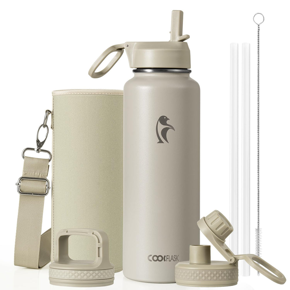 Water Bottle 40 oz Insulated with Straw&Brush, Coolflask Vaccum Stainless Steel Metal 3 Lids Water Flask for Sports, Gym or Office, Keep Cold 48H Hot 24H, Magic Black