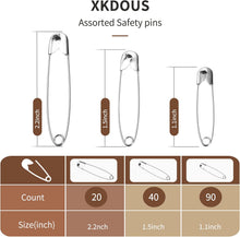 XKDOUS 3 Most Universal Safety Pins Assorted Sizes, Small & Large Safety Pins for Clothes, 150 Pack Silver Sharp Edge Pins for Clothing, Sewing & Craft Supplies