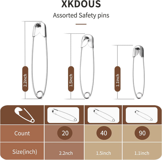 XKDOUS 3 Most Universal Safety Pins Assorted Sizes, Small & Large Safety Pins for Clothes, 150 Pack Silver Sharp Edge Pins for Clothing, Sewing & Craft Supplies - hover image