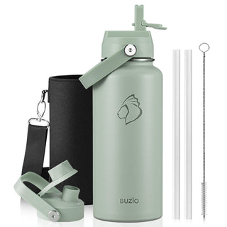 BUZIO 40oz Insulated Water Bottle, Triple Wall Vacuum Stainless Steel Water Flask with 2 lids, Lead-Free BPA-Free Straw Lid Sports Canteen Jug, Cold 48H & Hot 24H- Black