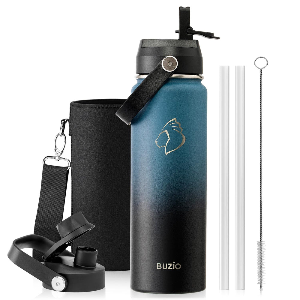 BUZIO 40oz Insulated Water Bottle, Triple Wall Vacuum Stainless Steel Water Flask with 2 lids, Lead-Free BPA-Free Straw Lid Sports Canteen Jug, Cold 48H & Hot 24H- Black