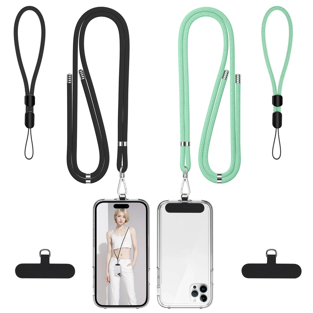 takyu Phone Lanyard, 2 Pack Adjustable Cell Phone Lanyard Crossbody Neck Strap & 2 Pack Phone Wrist Strap with 2 Pcs Tether Tabs Compatible for iPhone Android Smartphones-Black Grey